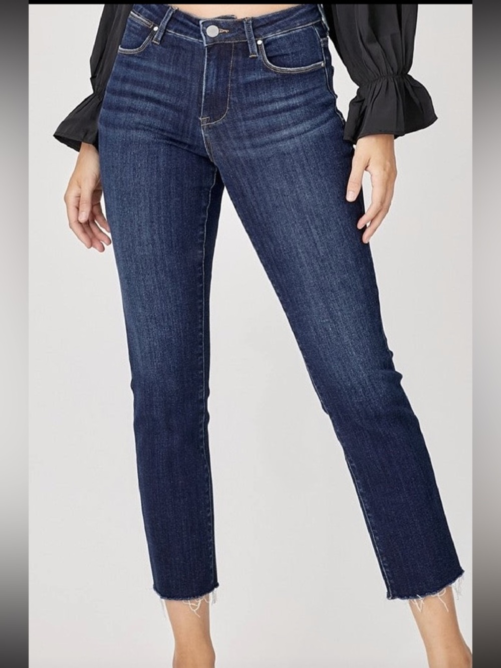 New w tags. Risen jeans. Dark wash. Ankle cropped raw hem